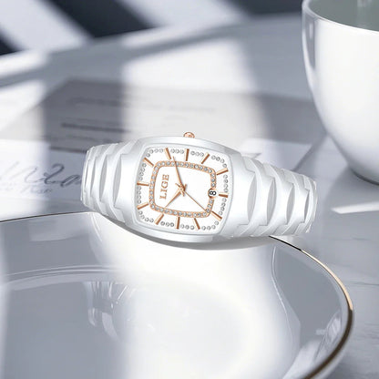 Women's White Ceramic Crystal Bracelet Watch Quartz Gift BandsCo Straps