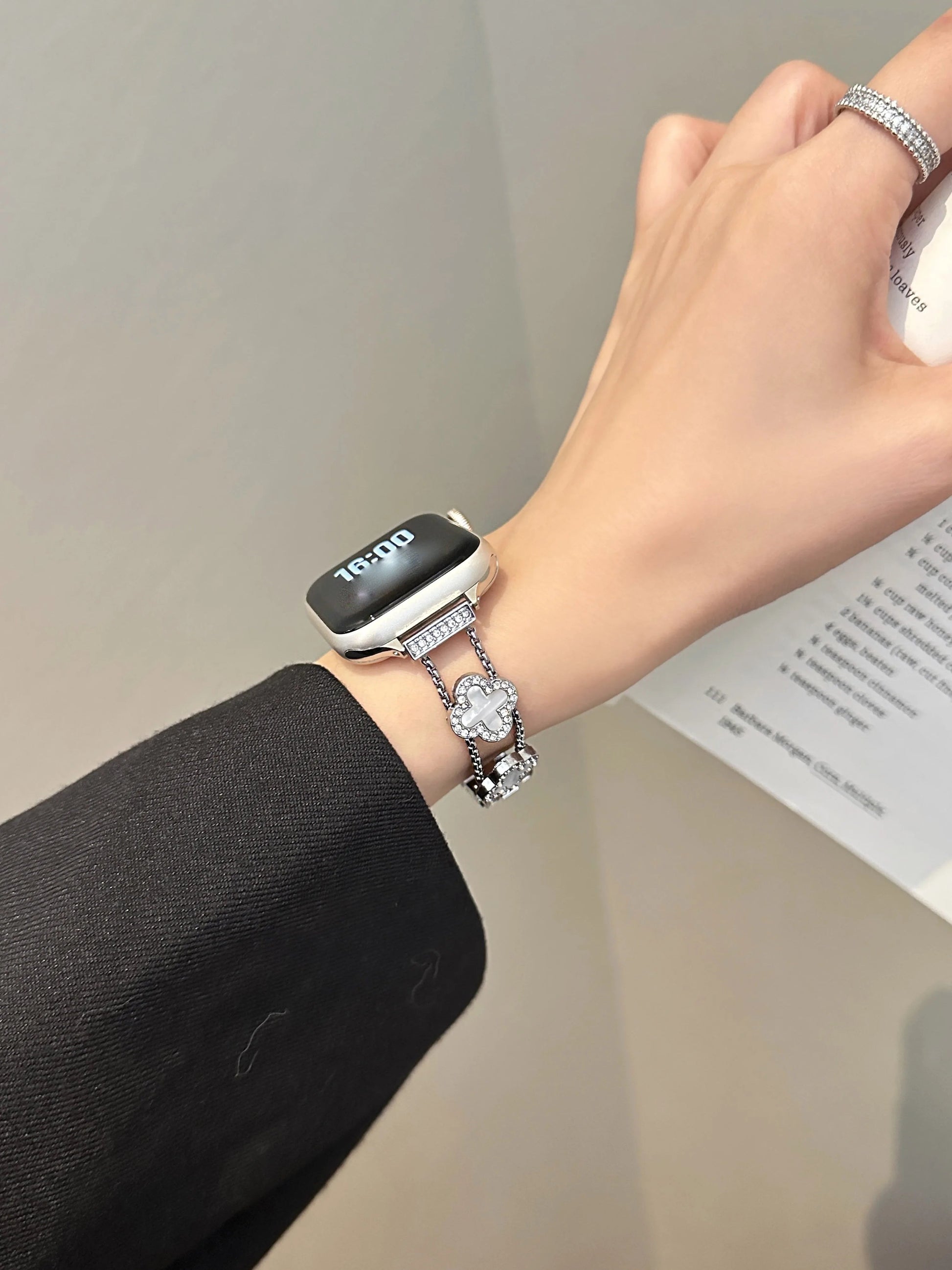 Lucky Clover Crystal Bracelet for Apple Watch - Silver & Black Enamel Chain Strap Wristwatchstraps.co