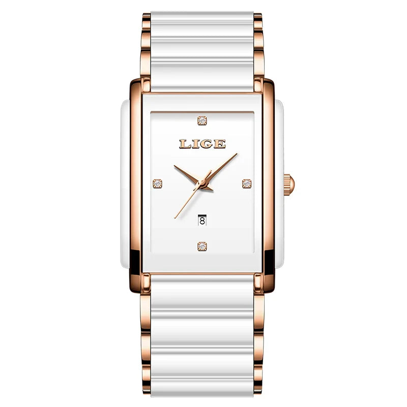 Women's Ceramic Square Bracelet Watch Rose Gold Quartz BandsCo Straps