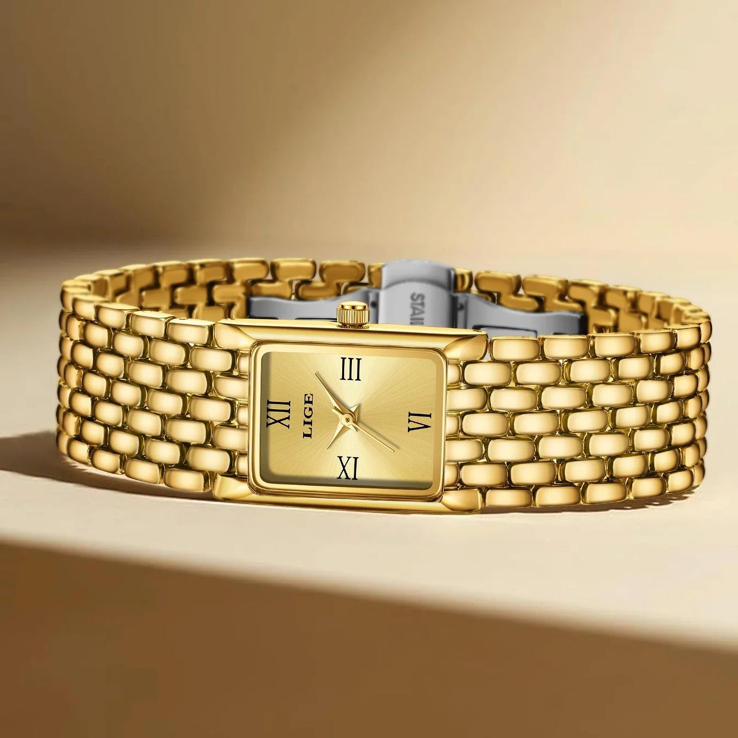 Women's Gold Rectangular Watch Stainless Steel Bracelet BandsCo Straps