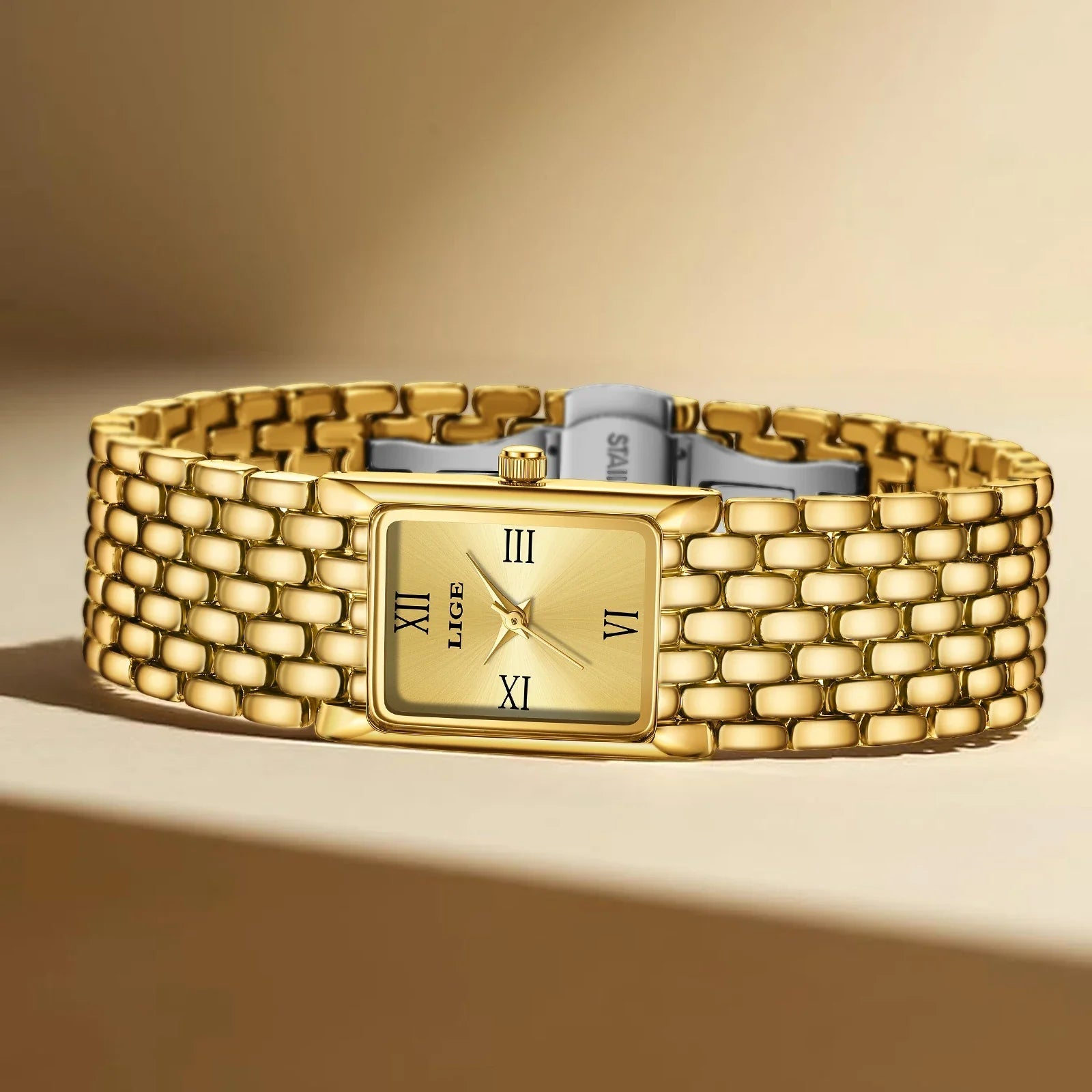 Women's Gold Rectangular Watch Stainless Steel Bracelet BandsCo Straps