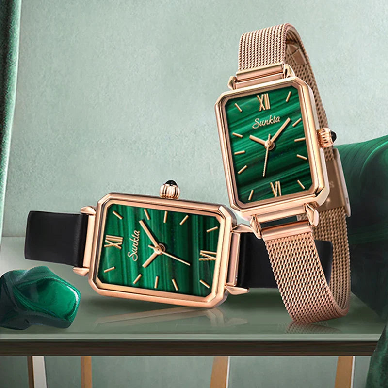 Women's Rectangular Green Dial Mesh Band Quartz Watch BandsCo Straps