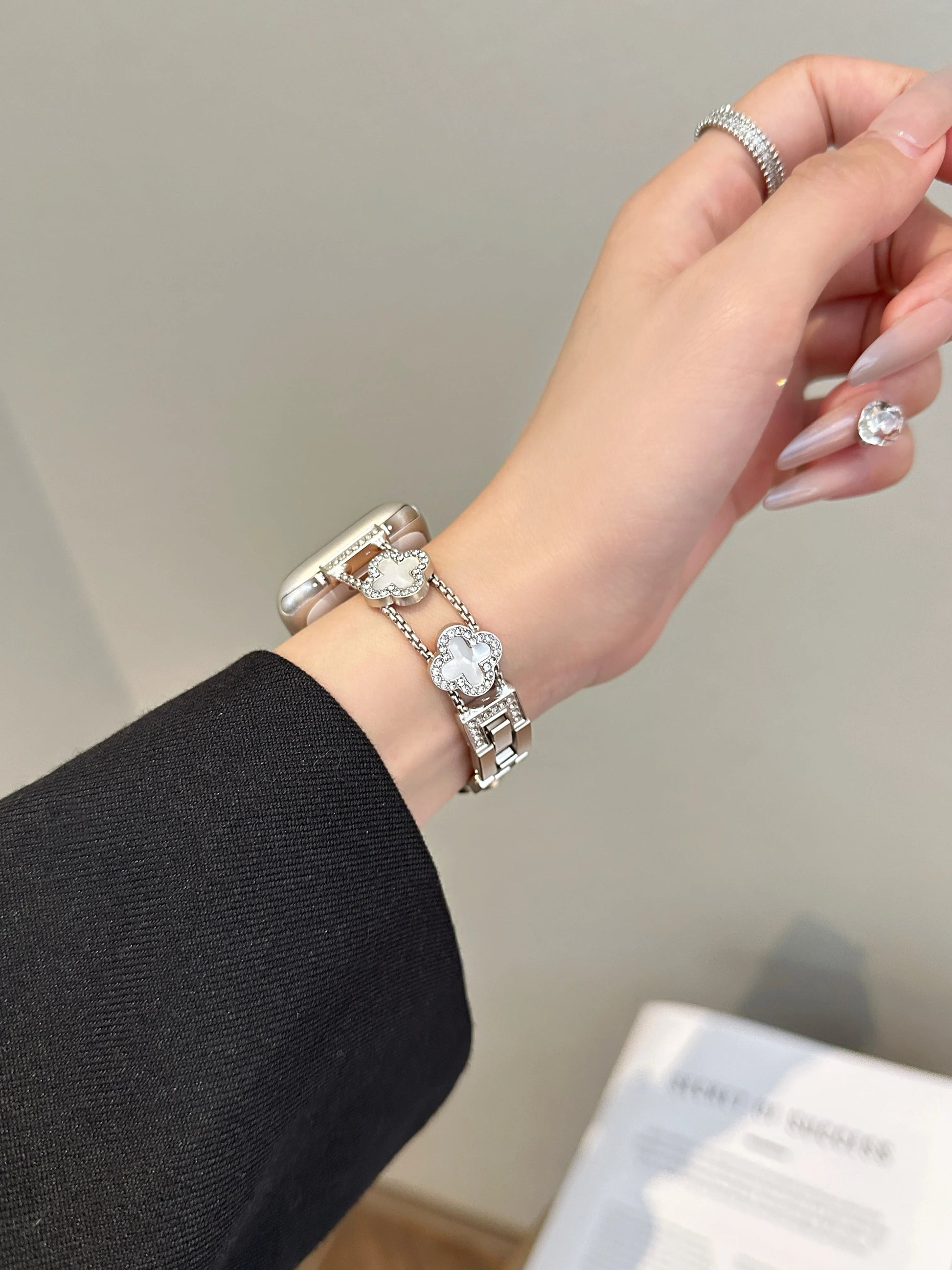 Lucky Clover Crystal Bracelet for Apple Watch - Silver & Black Enamel Chain Strap Wristwatchstraps.co