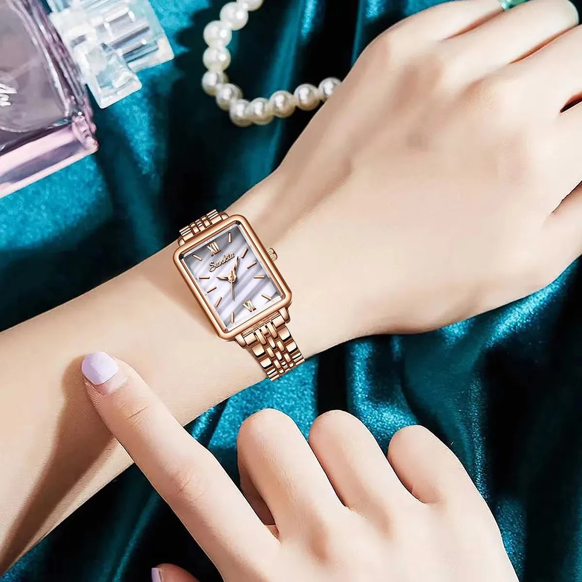 Women's Rose Gold Rectangular Stainless Steel Watch BandsCo Straps