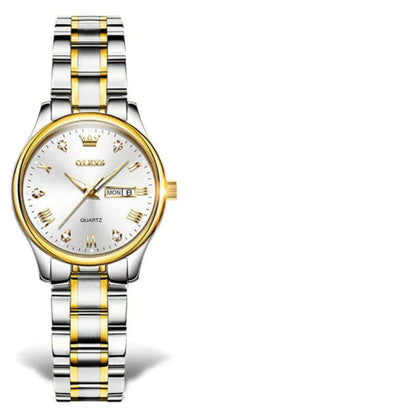 Women's Gold Stainless Steel Quartz Watch Dual Calendar BandsCo Straps