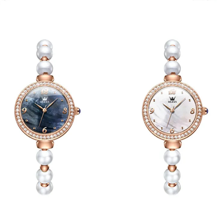 Women's Pearl Bracelet Watch Rose Gold Crystal Bezel BandsCo Straps