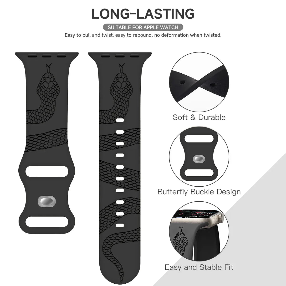 Engraved Snake Silicone Sport Band for Apple Watch - Soft Serpent Design Strap Wristwatchstraps.co