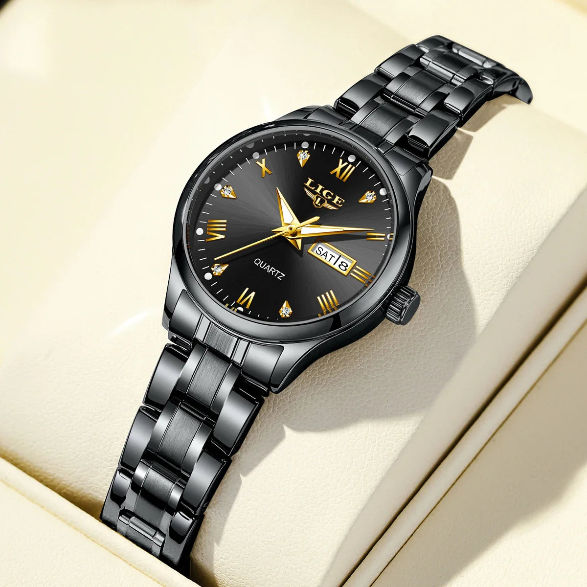 Women's Black Stainless Steel Diamond Dial Quartz Watch BandsCo Straps