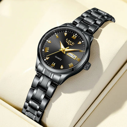Women's Black Stainless Steel Diamond Dial Quartz Watch BandsCo Straps