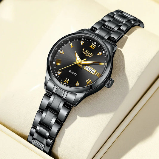 Women's Black Stainless Steel Diamond Dial Quartz Watch BandsCo Straps