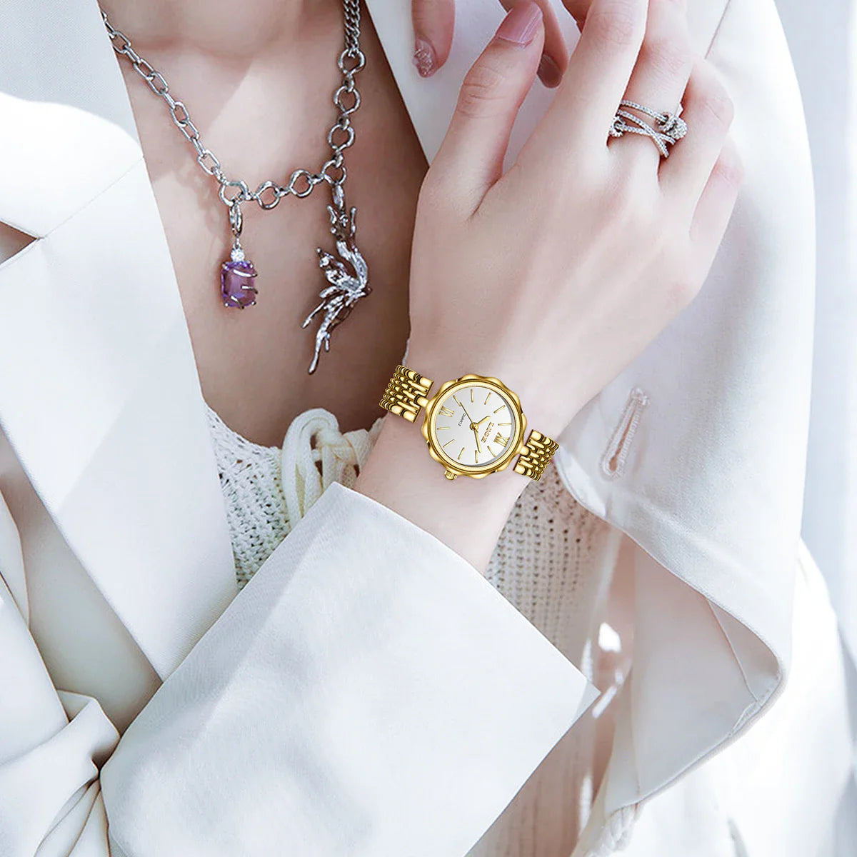 Women's Gold Alloy Bracelet Watch 28mm Roman Dial Quartz BandsCo Straps