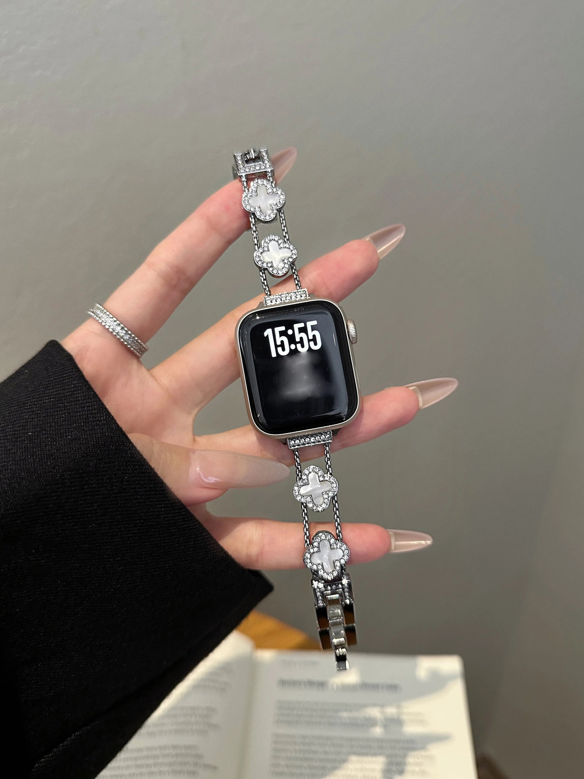 Lucky Clover Crystal Bracelet for Apple Watch - Silver & Black Enamel Chain Strap Wristwatchstraps.co