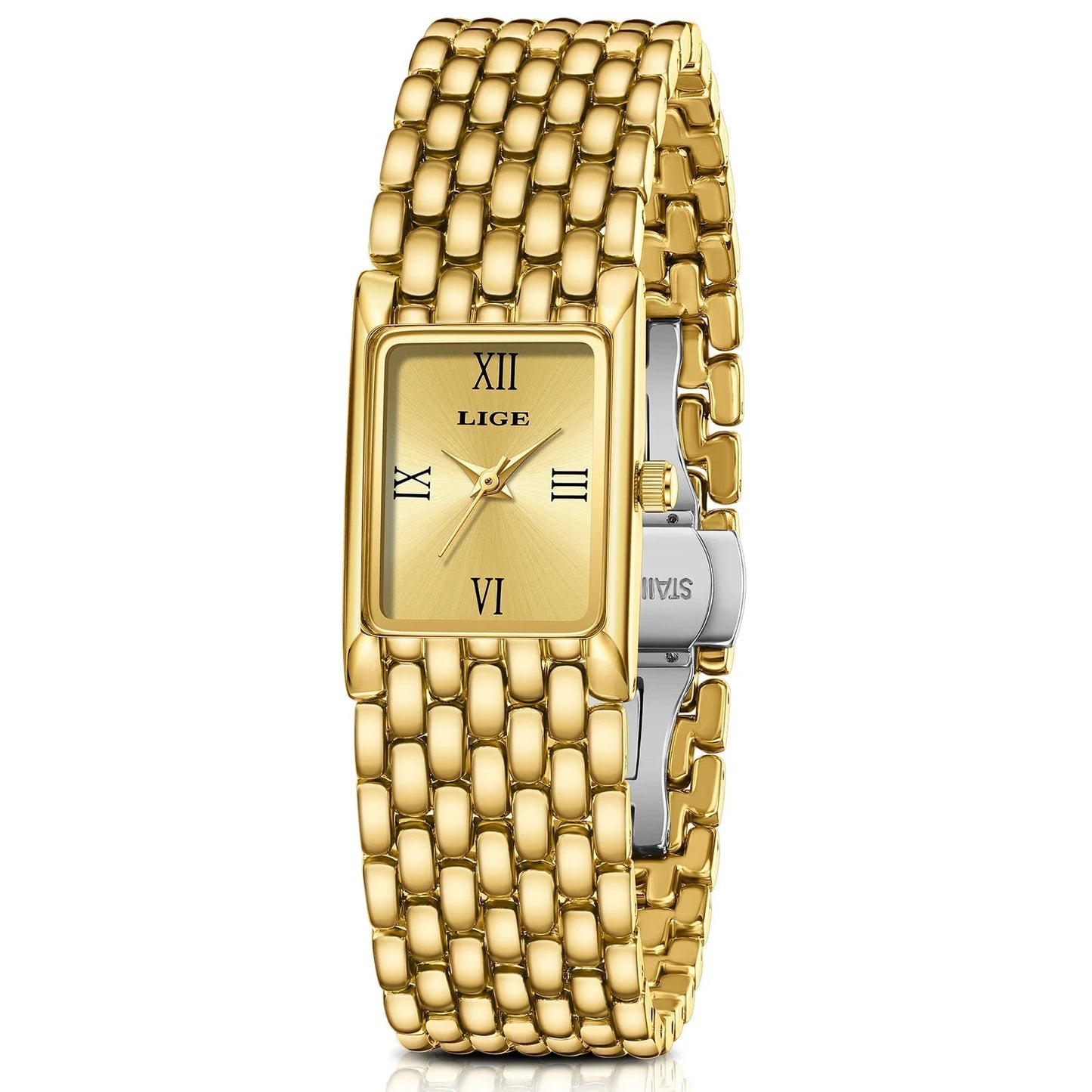 Women's Gold Rectangular Watch Stainless Steel Bracelet BandsCo Straps
