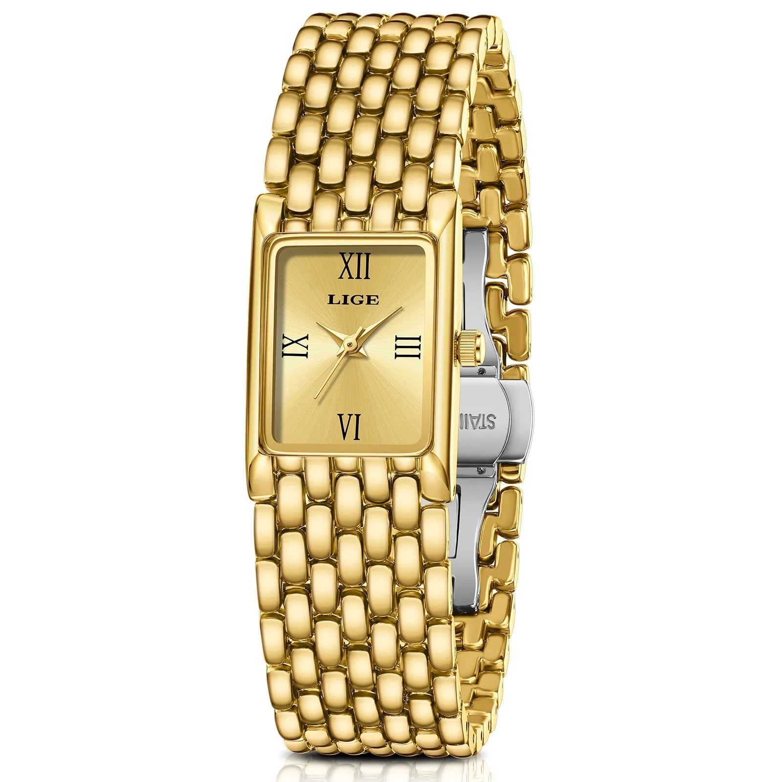 Women's Gold Rectangular Watch Stainless Steel Bracelet BandsCo Straps