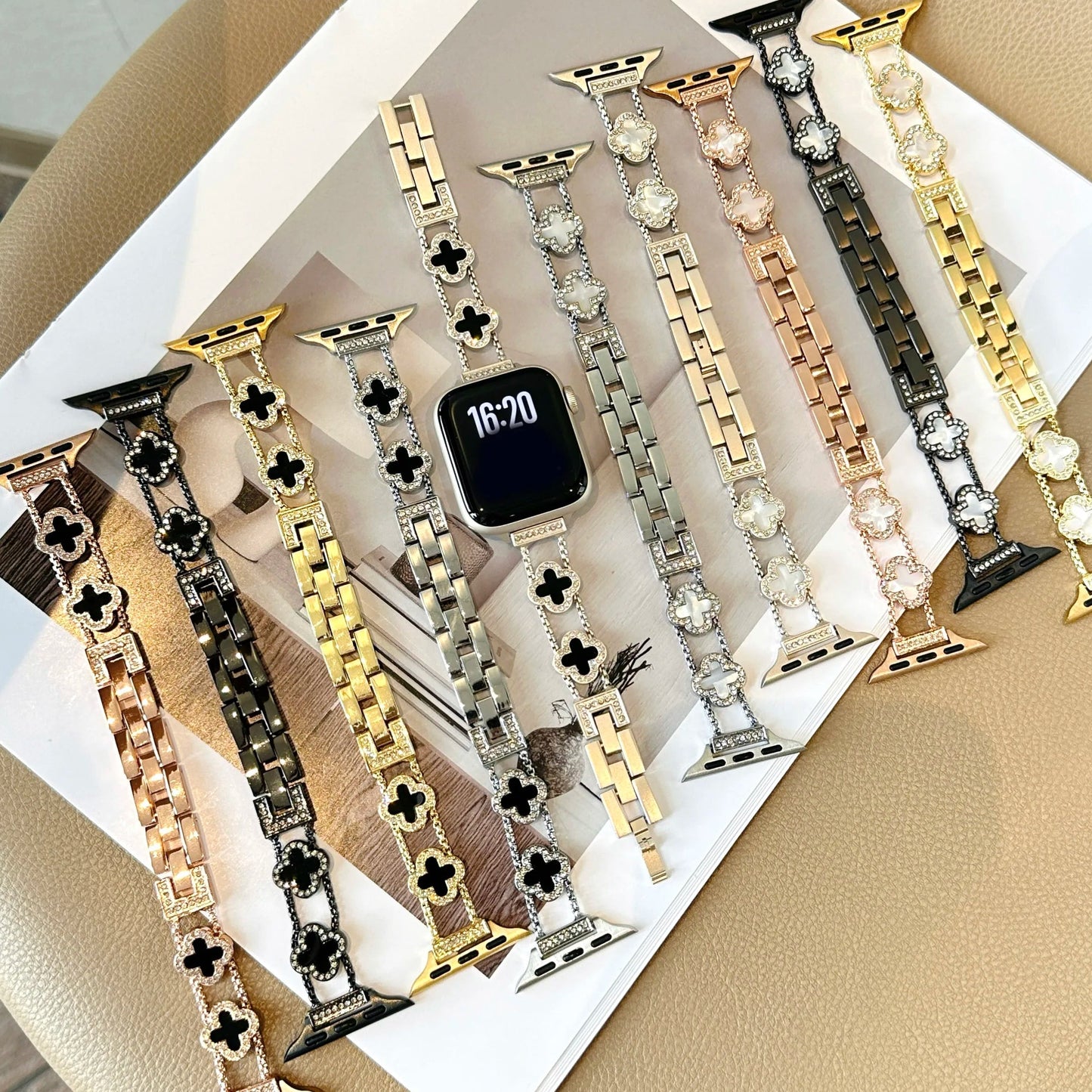 Lucky Clover Crystal Bracelet for Apple Watch - Silver & Black Enamel Chain Strap Wristwatchstraps.co