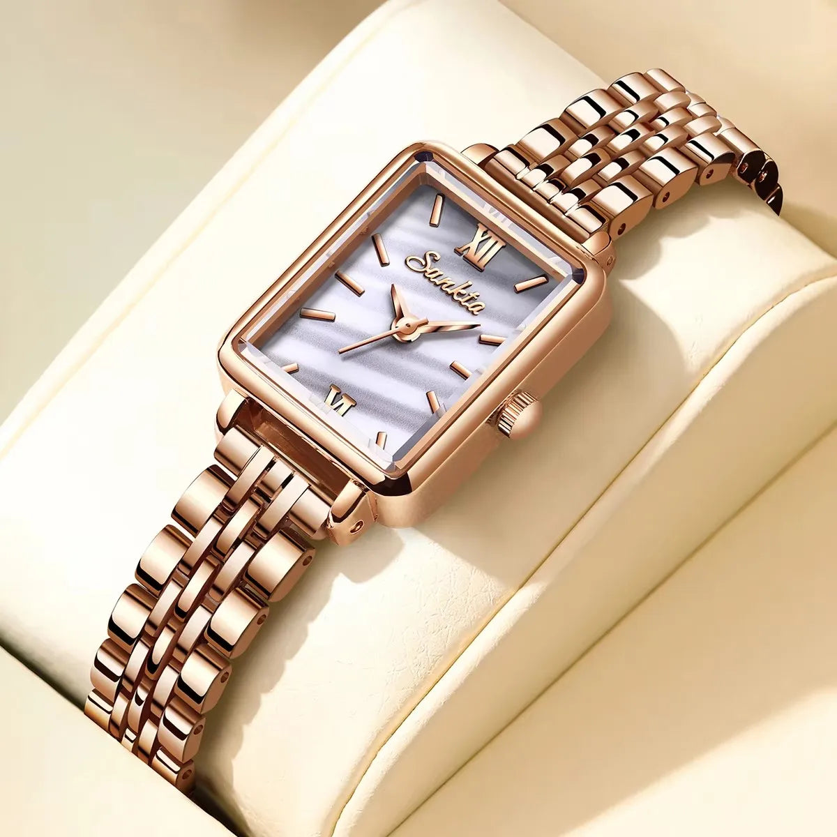 Women's Rose Gold Rectangular Stainless Steel Watch BandsCo Straps