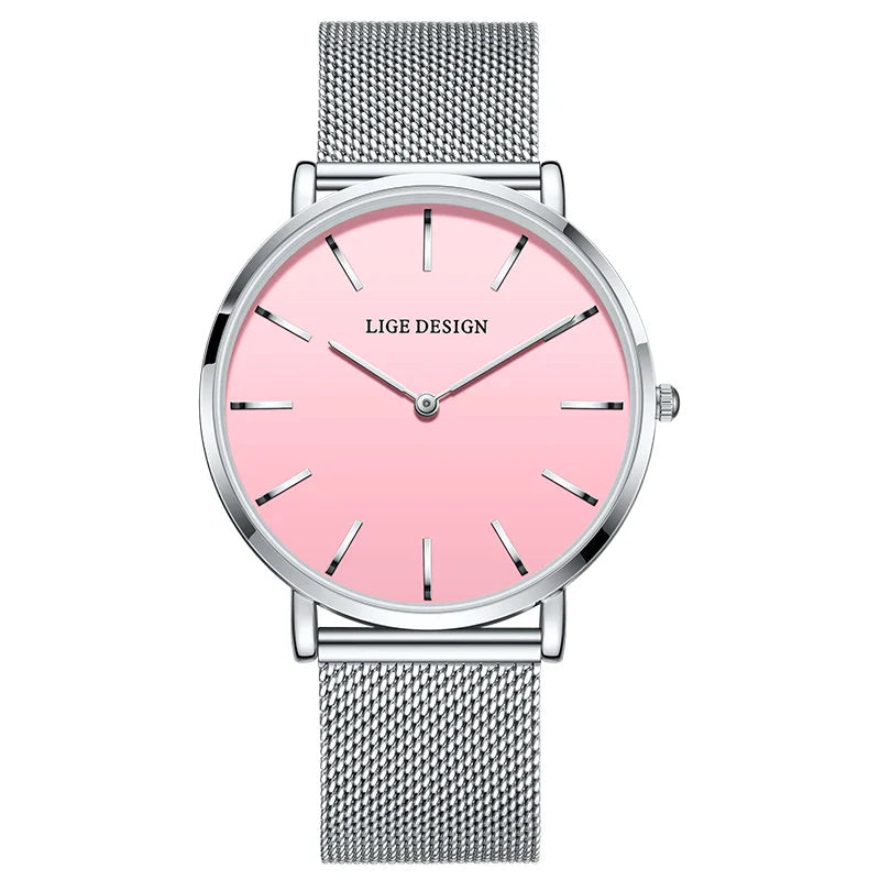 Women's Pink Dial Mesh Band Slim Stainless Steel Watch BandsCo Straps