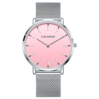 Women's Pink Dial Mesh Band Slim Stainless Steel Watch BandsCo Straps
