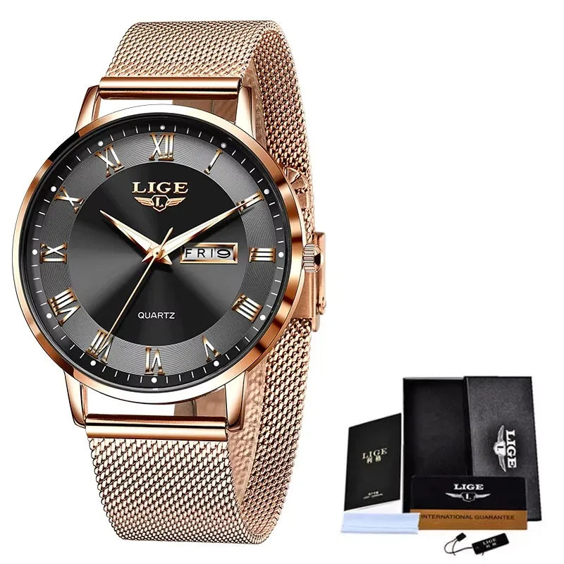 Women's Rose Gold Mesh Watch Silver Dial Slim Waterproof BandsCo Straps