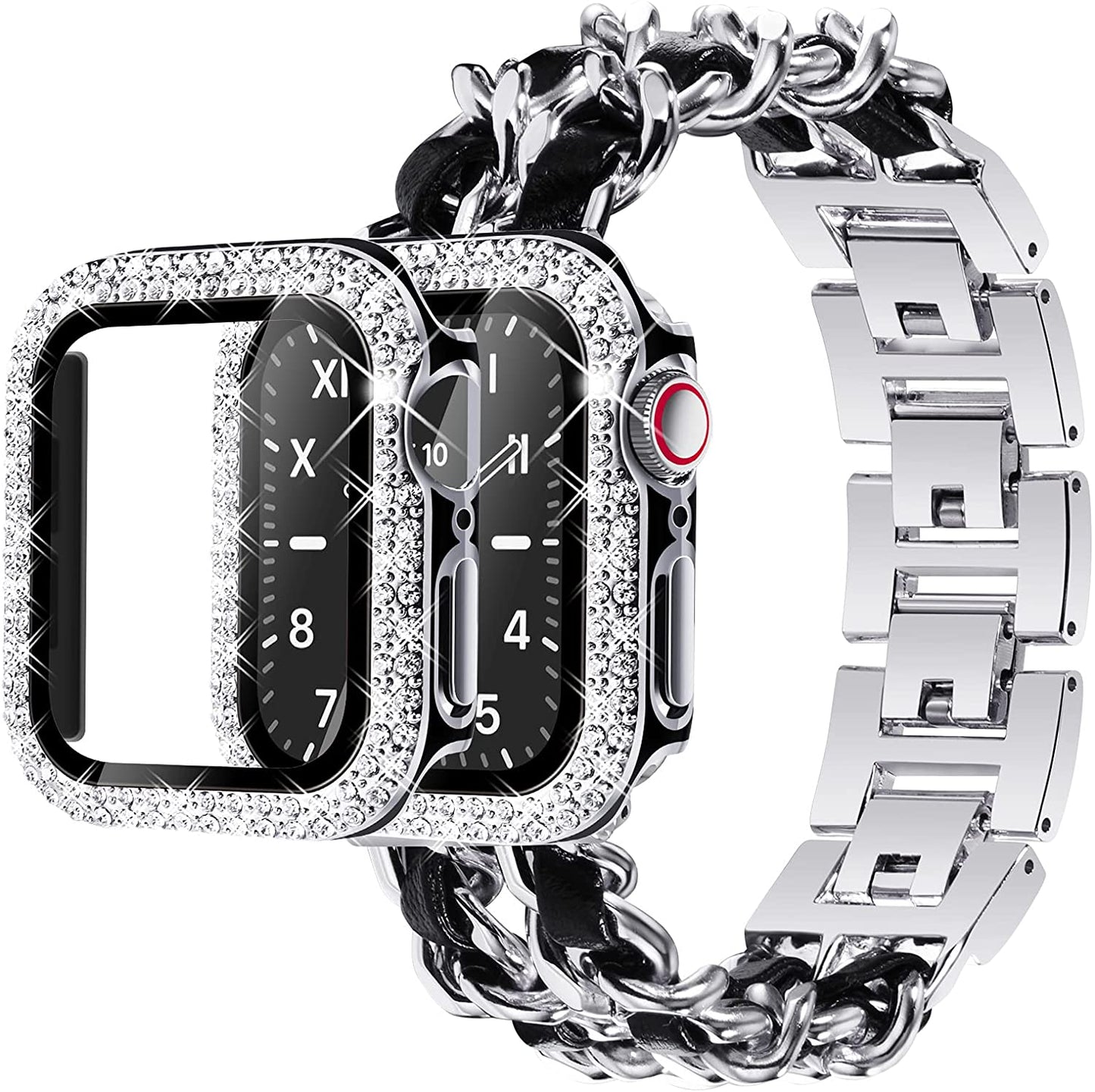 Luxury Cowboy Chain with Leather + Bling Sparkle Protective Case Screen Protector for Apple Watch - Wristwatchstraps.co