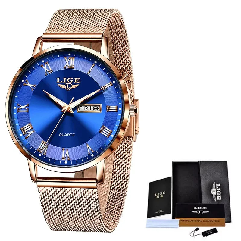 Women's Rose Gold Mesh Watch Silver Dial Slim Waterproof BandsCo Straps