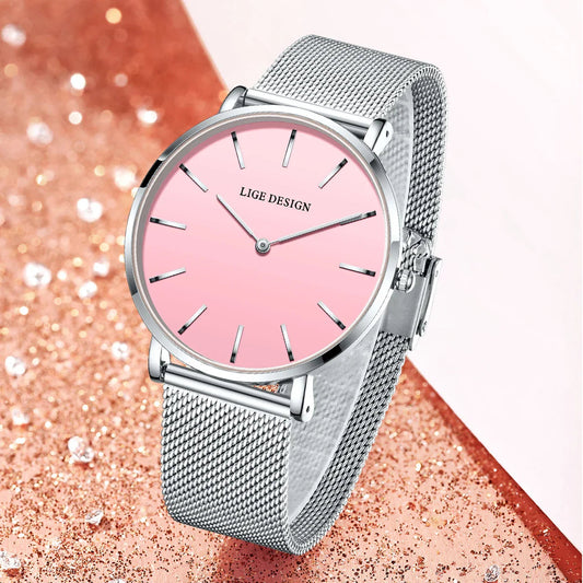 Women's Pink Dial Mesh Band Slim Stainless Steel Watch BandsCo Straps