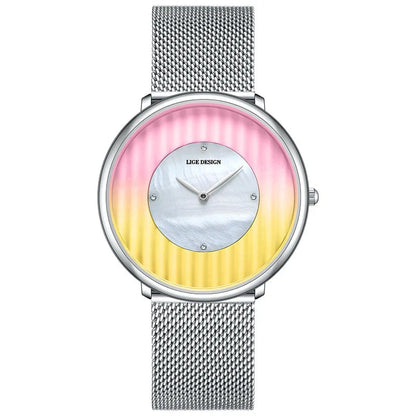 Women's Slim Mesh Band Watch Pink Blue Gradient Quartz BandsCo Straps