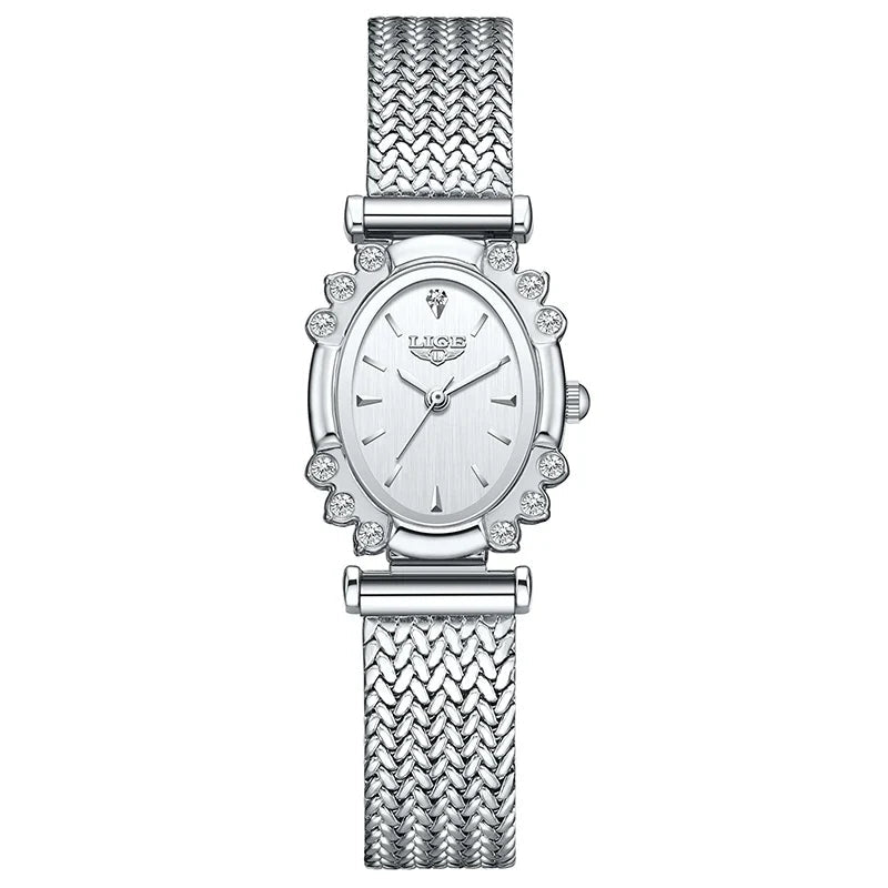 Women's Oval Quartz Watch Vintage Mesh Bracelet Blue Dial BandsCo Straps