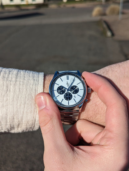 White and Black Chronograph The Beyond Boring Watch Company