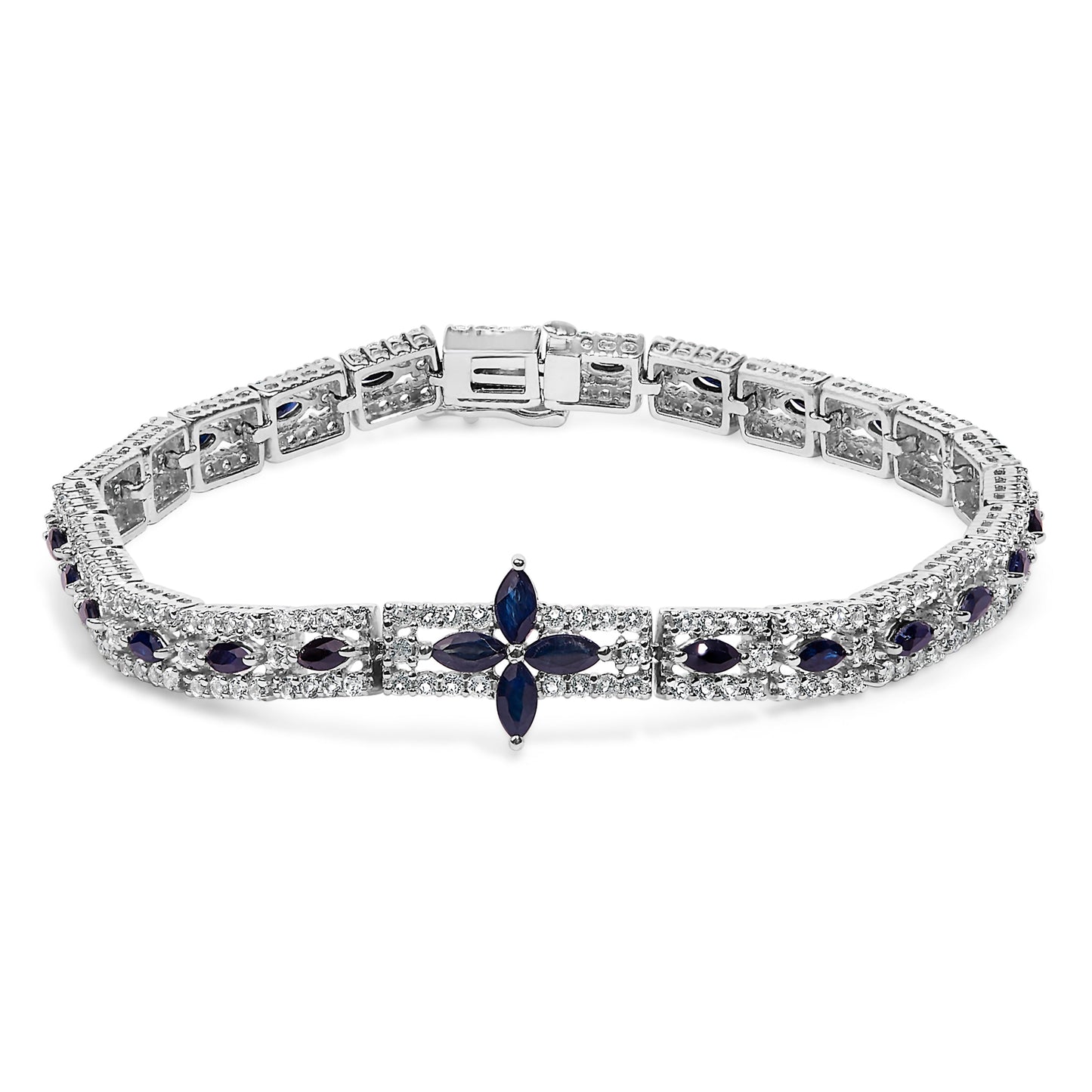 Sterling Silver Dark Blue Sapphire and Topaz Marquise Floral Art Deco Link Bracelet Bids.com