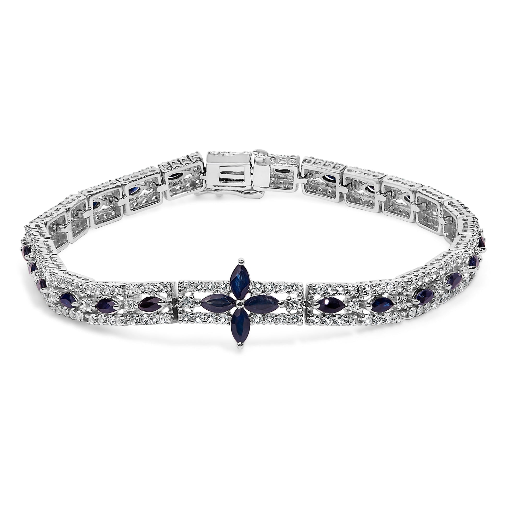 Sterling Silver Dark Blue Sapphire and Topaz Marquise Floral Art Deco Link Bracelet Bids.com