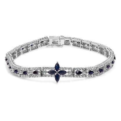 Sterling Silver Dark Blue Sapphire and Topaz Marquise Floral Art Deco Link Bracelet Bids.com