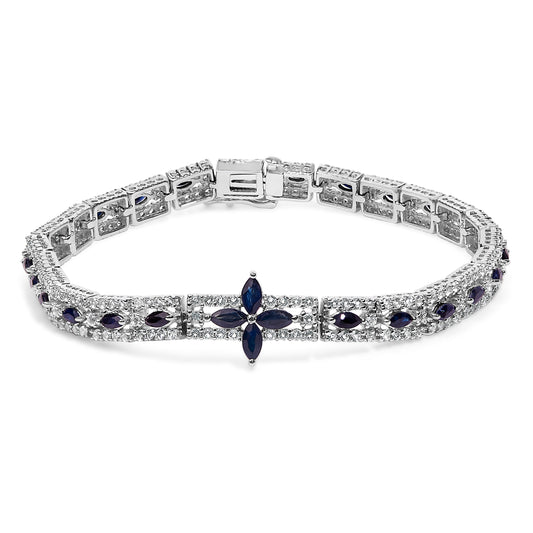Sterling Silver Dark Blue Sapphire and Topaz Marquise Floral Art Deco Link Bracelet Bids.com