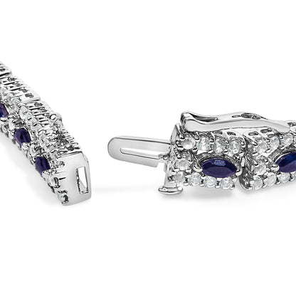 Sterling Silver Dark Blue Sapphire and Topaz Marquise Floral Art Deco Link Bracelet Bids.com