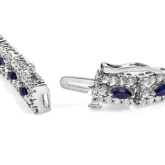 Sterling Silver Dark Blue Sapphire and Topaz Marquise Floral Art Deco Link Bracelet Bids.com