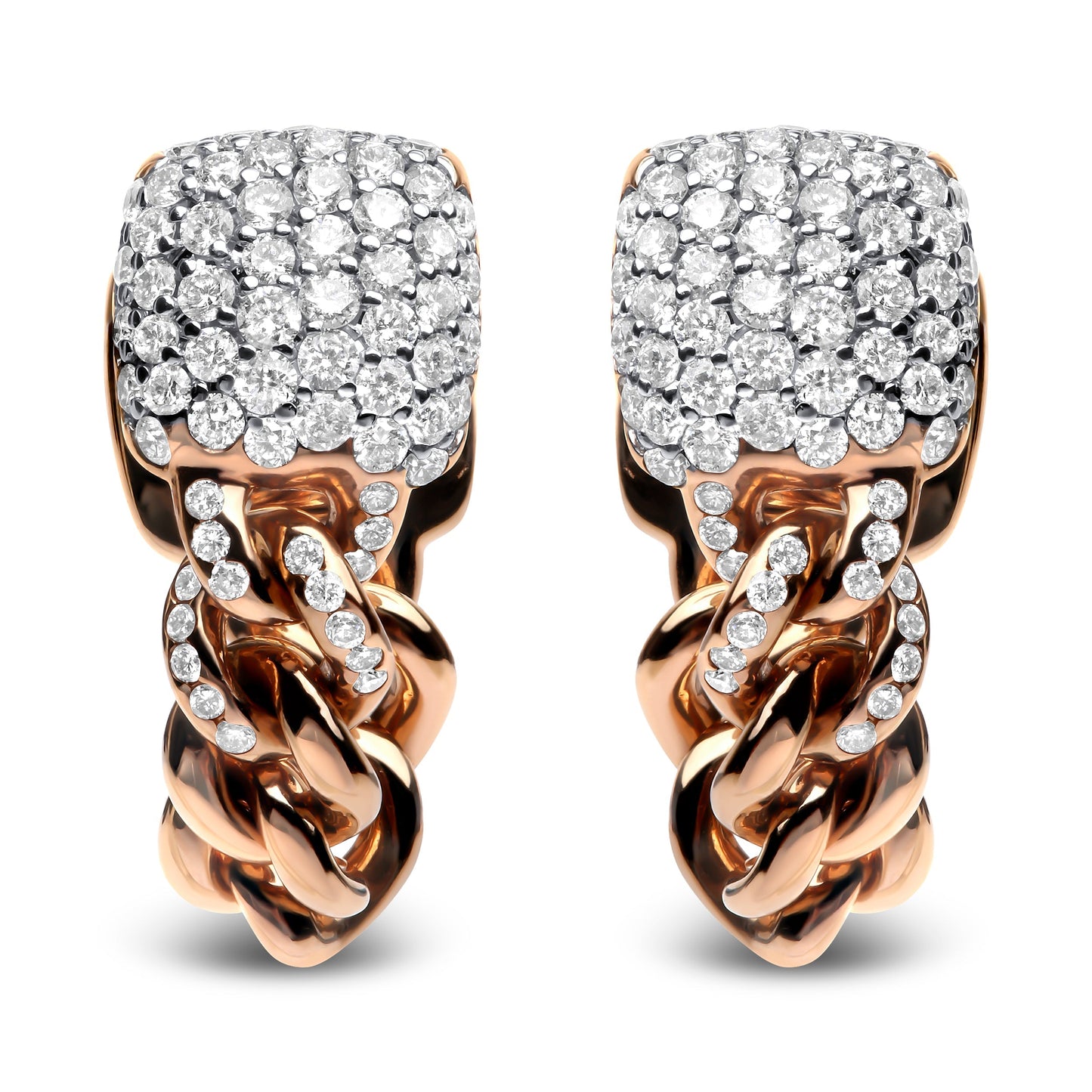 18K Rose Gold 3/4 Cttw Round Diamond Pave Cuban Chain Huggie Earrings (G-H Color, SI1-SI2 Clarity) Bids.com