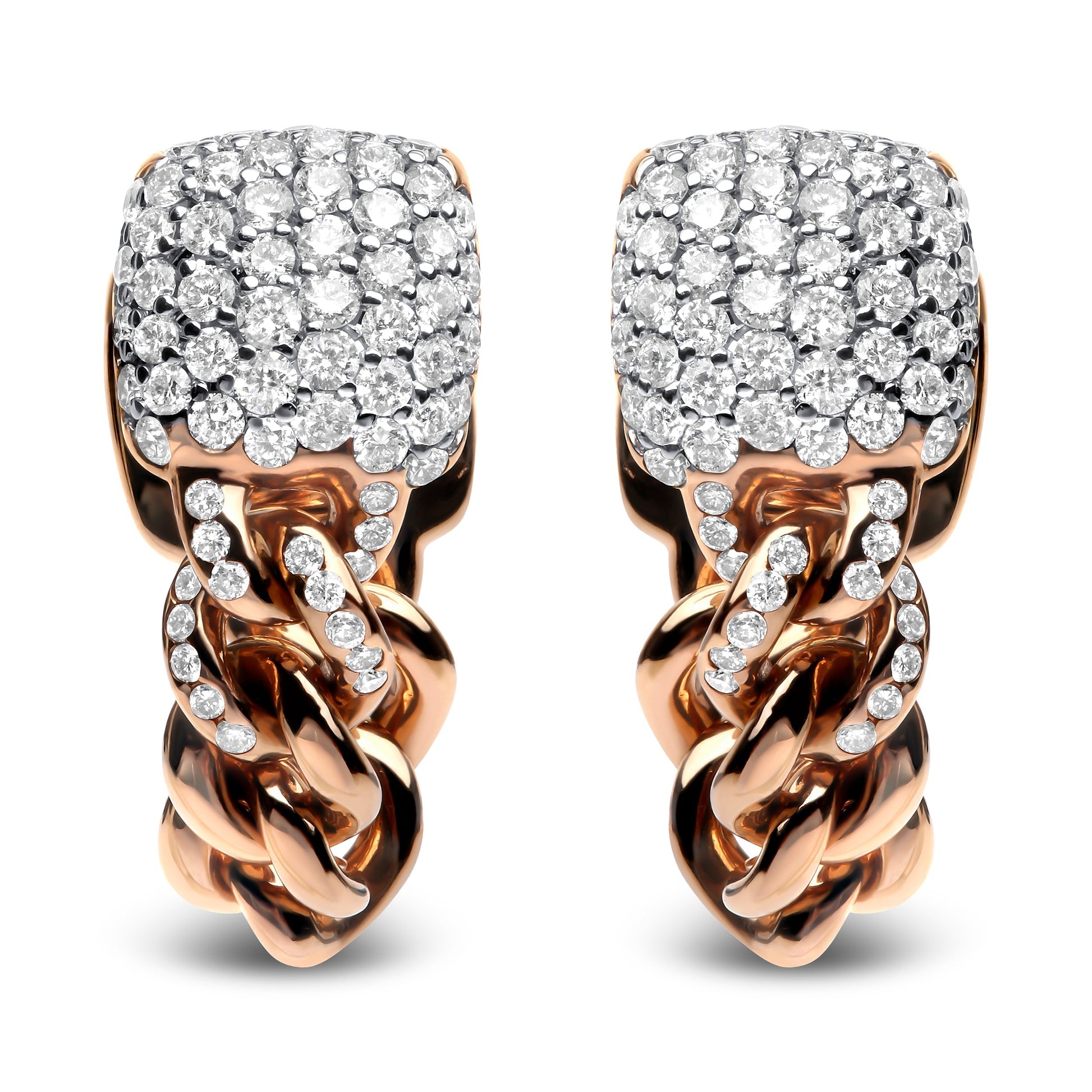 18K Rose Gold 3/4 Cttw Round Diamond Pave Cuban Chain Huggie Earrings (G-H Color, SI1-SI2 Clarity) Bids.com