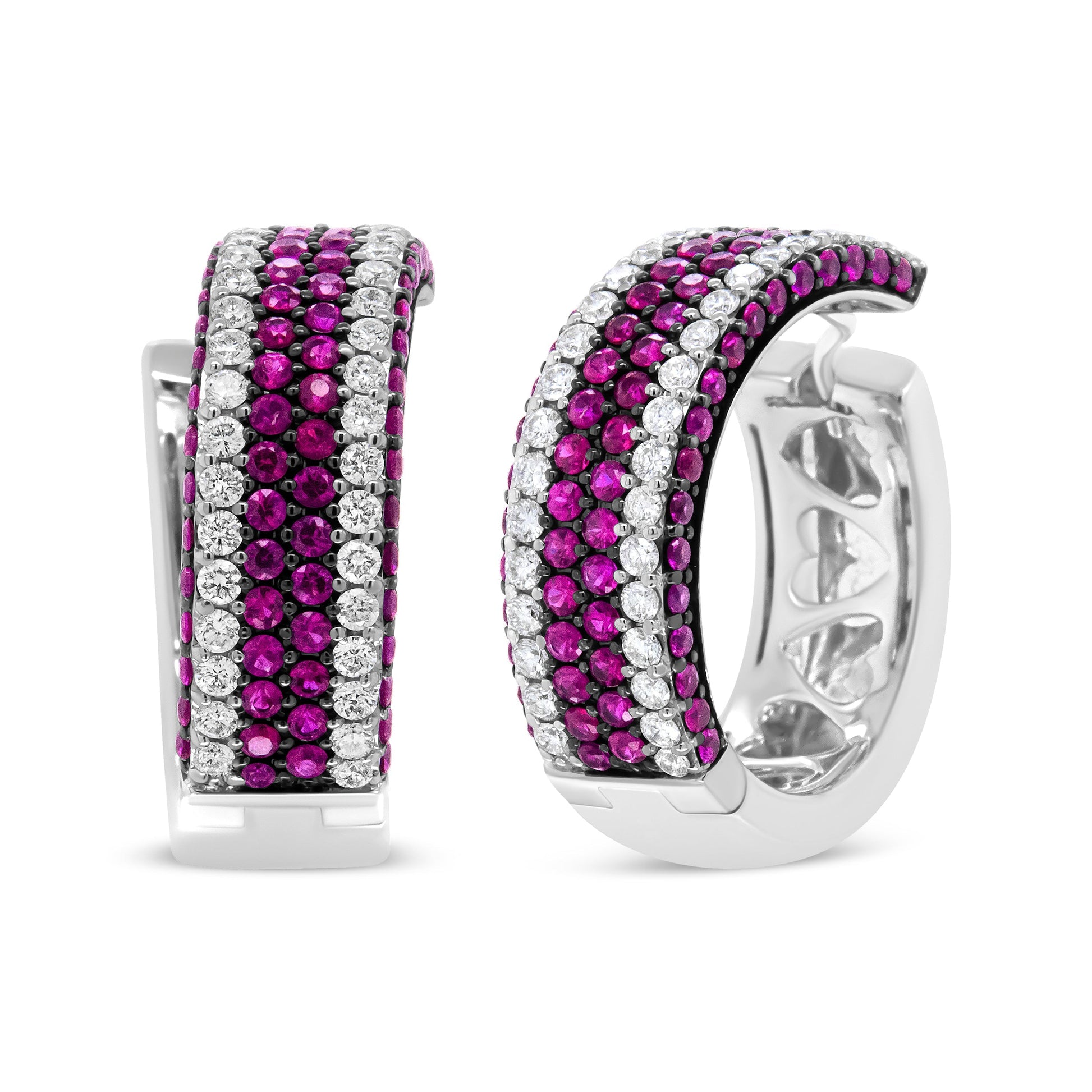 18K White Gold 1 7/8 Cttw Diamond and 1mm Round Red Ruby Open Swish Hoop Earrings (F-G Color, VS1-VS2 Clarity) Bids.com