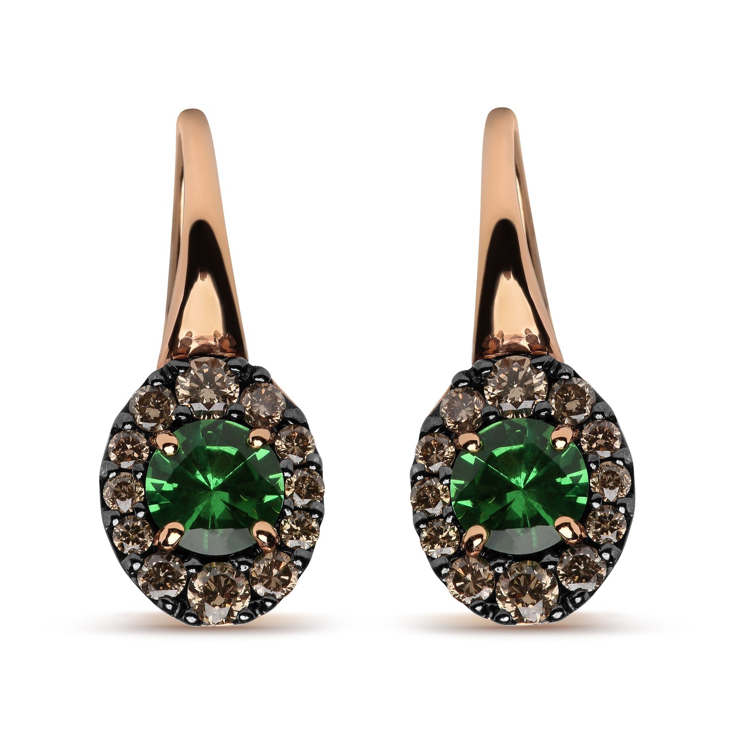 18K Rose and White Gold 3/8 Cttw Round Brown Diamonds and Round Green Tsavorite Gemstone Halo Drop Hoop Earrings (Brown Color, SI1-SI2 Clarity) Bids.com