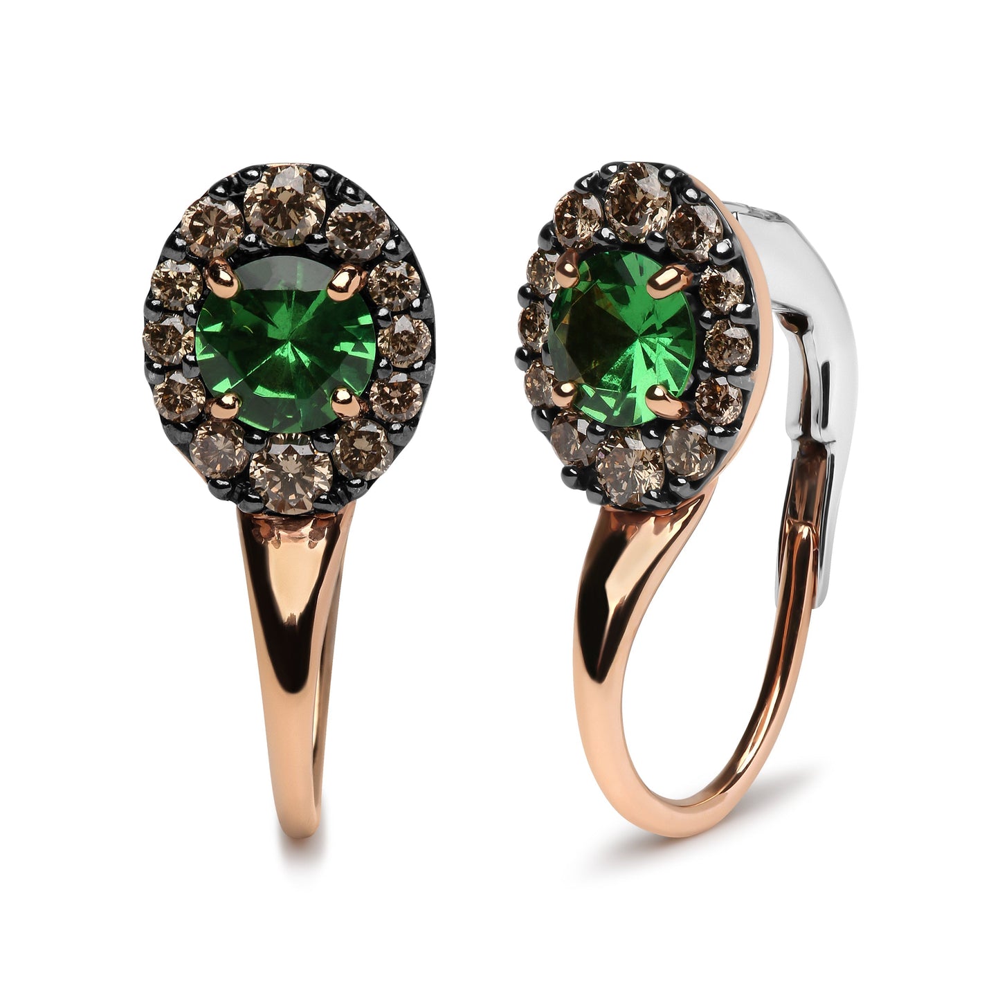 18K Rose and White Gold 3/8 Cttw Round Brown Diamonds and Round Green Tsavorite Gemstone Halo Drop Hoop Earrings (Brown Color, SI1-SI2 Clarity) Bids.com