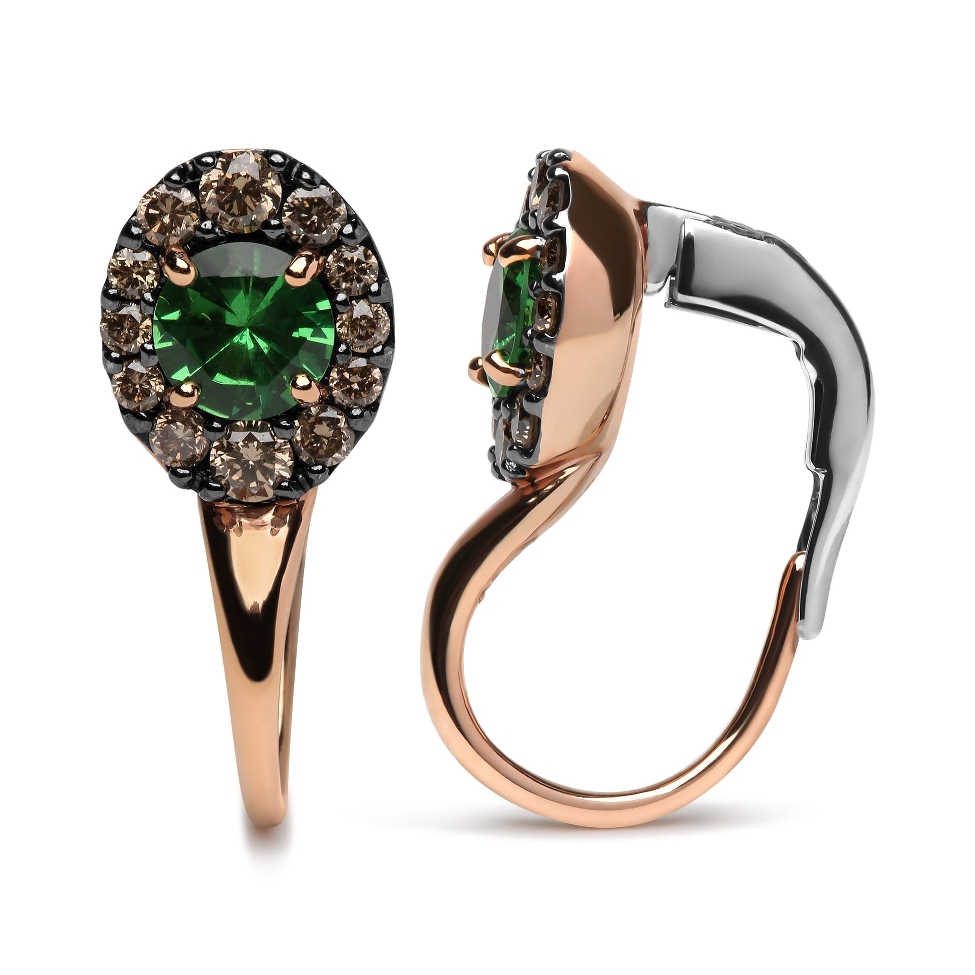 18K Rose and White Gold 3/8 Cttw Round Brown Diamonds and Round Green Tsavorite Gemstone Halo Drop Hoop Earrings (Brown Color, SI1-SI2 Clarity) Bids.com