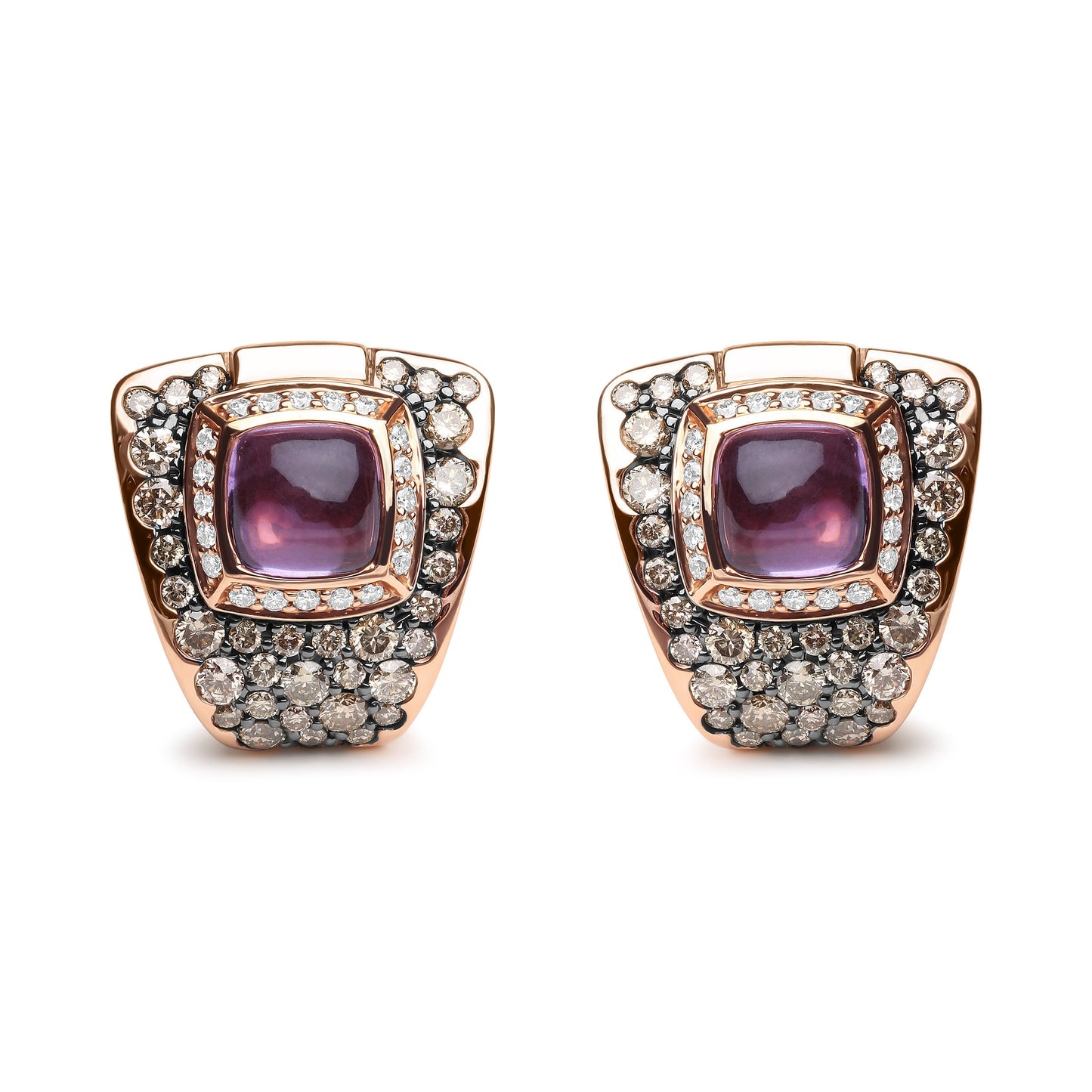 18K Rose Gold 1 1/2 Cttw Round Diamond and 7mm Cushion Cut Purple Amethyst Gemstone Geometrical Statement Stud Earrings (Brown and G-H Color, SI1-SI2 Clarity) Bids.com