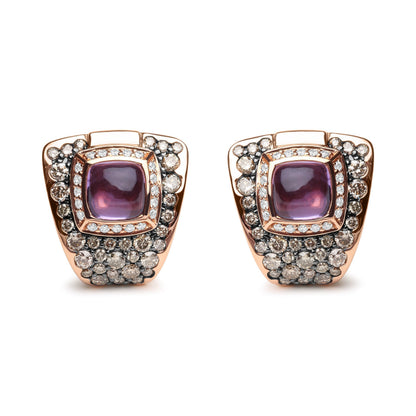18K Rose Gold 1 1/2 Cttw Round Diamond and 7mm Cushion Cut Purple Amethyst Gemstone Geometrical Statement Stud Earrings (Brown and G-H Color, SI1-SI2 Clarity) Bids.com