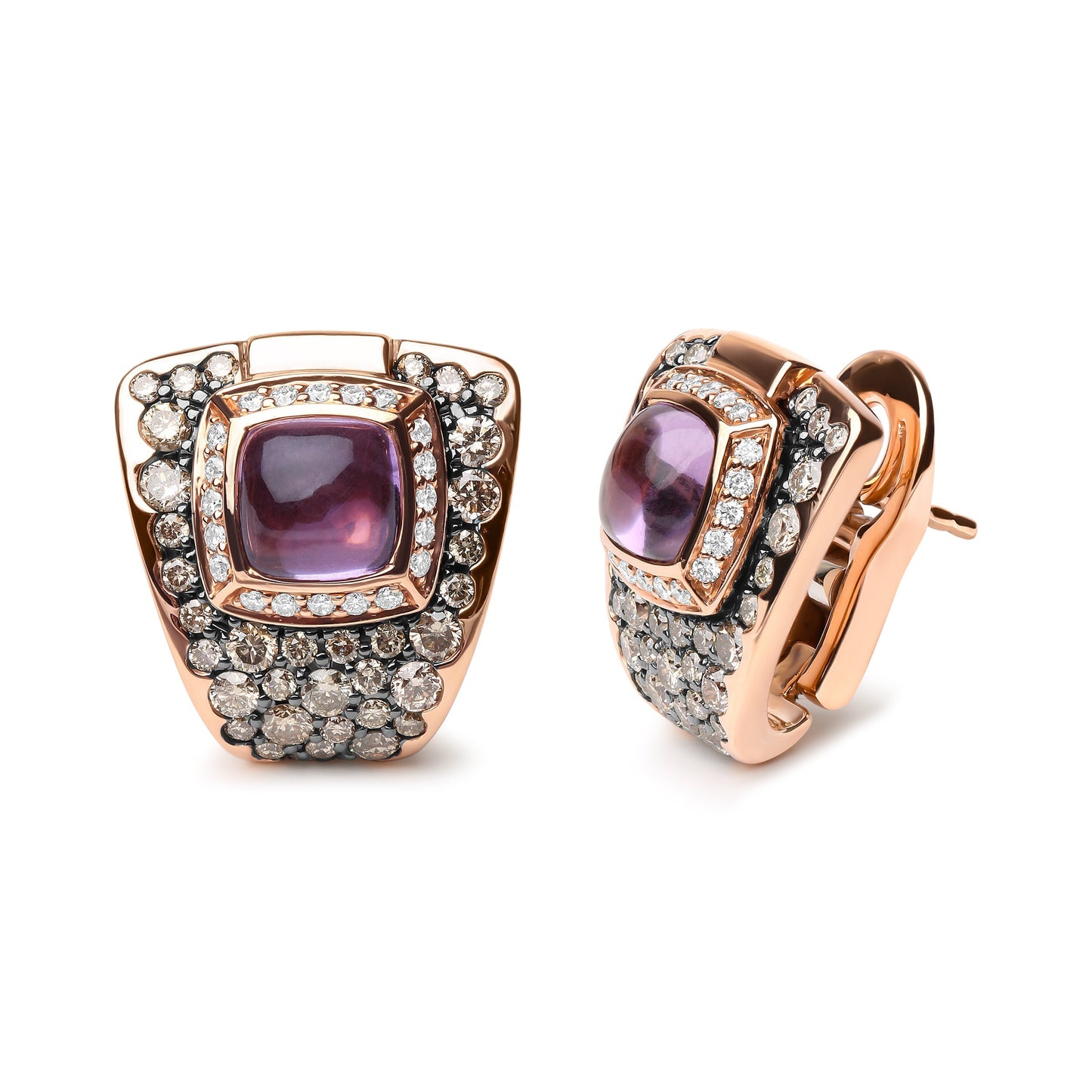 18K Rose Gold 1 1/2 Cttw Round Diamond and 7mm Cushion Cut Purple Amethyst Gemstone Geometrical Statement Stud Earrings (Brown and G-H Color, SI1-SI2 Clarity) Bids.com