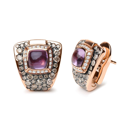 18K Rose Gold 1 1/2 Cttw Round Diamond and 7mm Cushion Cut Purple Amethyst Gemstone Geometrical Statement Stud Earrings (Brown and G-H Color, SI1-SI2 Clarity) Bids.com