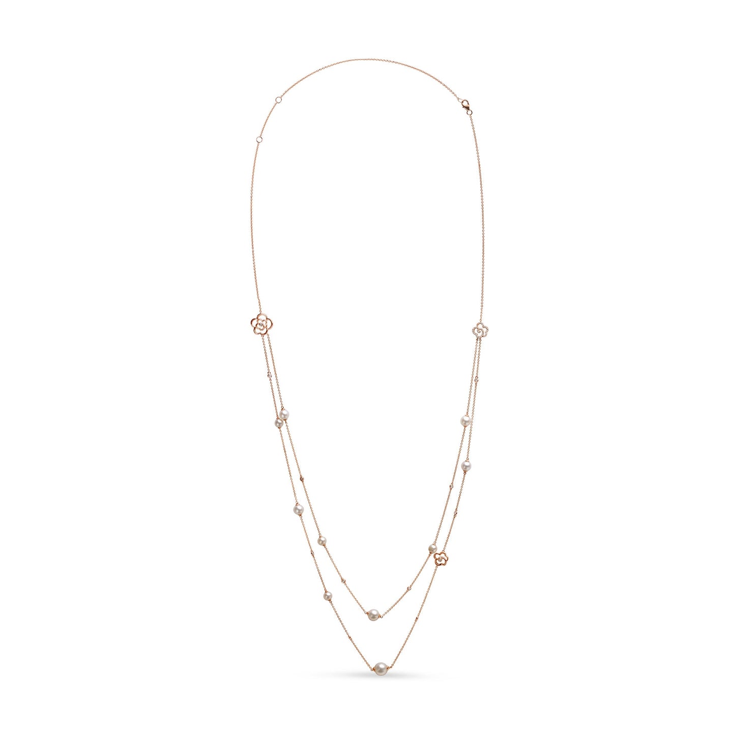 18K Rose Gold 1/2 Cttw Diamond and Freshwater Pearl Double Strand Station Necklace  (G-H Color, SI1-SI2 Clarity) - Adjustable up to 16" to 20" Bids.com