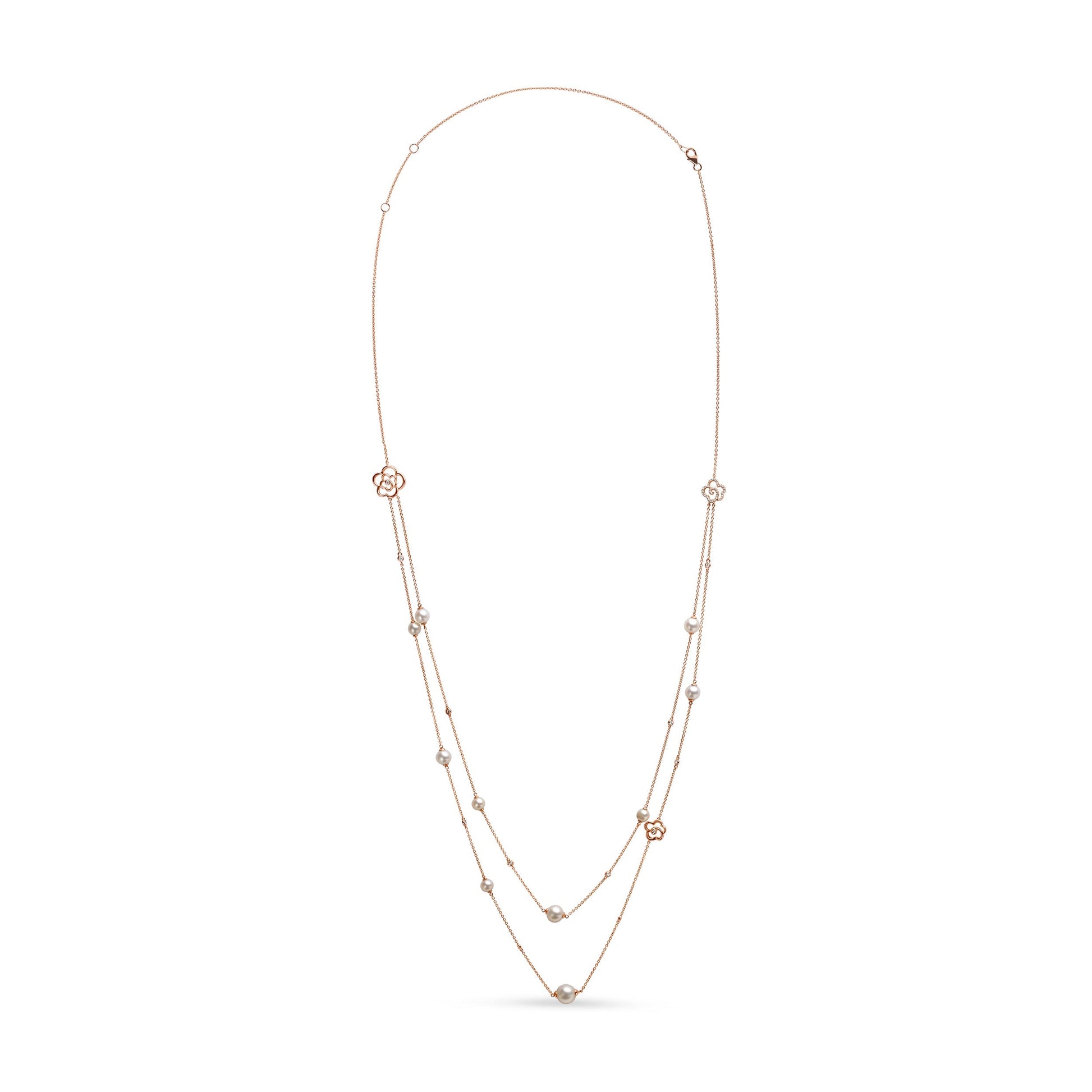 18K Rose Gold 1/2 Cttw Diamond and Freshwater Pearl Double Strand Station Necklace  (G-H Color, SI1-SI2 Clarity) - Adjustable up to 16" to 20" Bids.com