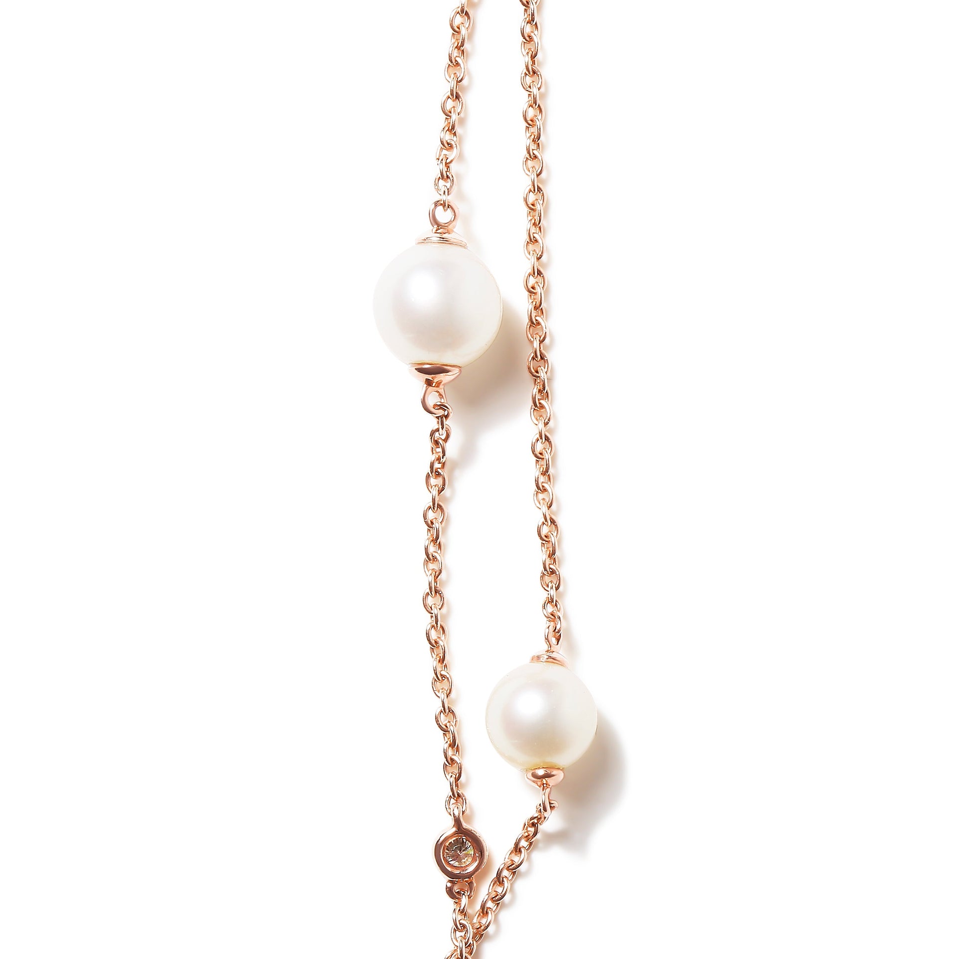 18K Rose Gold 1/2 Cttw Diamond and Freshwater Pearl Double Strand Station Necklace  (G-H Color, SI1-SI2 Clarity) - Adjustable up to 16" to 20" Bids.com