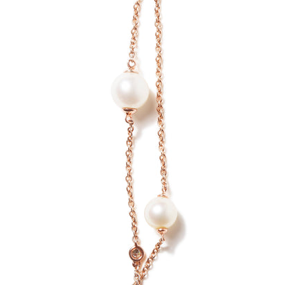 18K Rose Gold 1/2 Cttw Diamond and Freshwater Pearl Double Strand Station Necklace  (G-H Color, SI1-SI2 Clarity) - Adjustable up to 16" to 20" Bids.com