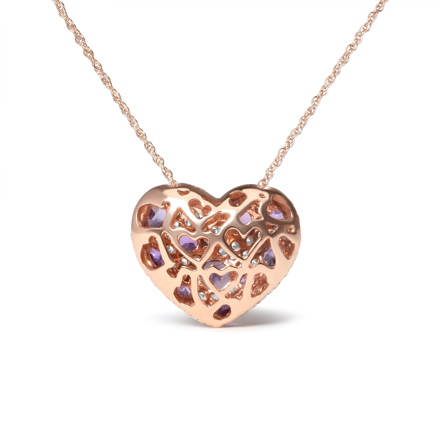 18K Rose Gold 3/4 Cttw Diamond and Purple Amethyst Cluster Heart Shape 18" Pendant Necklace (G-H Color, SI1-SI2 Clarity) Bids.com